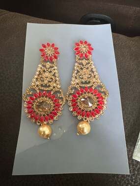 Indian Pakistani Traditional Gold-Plated Long Chandelier Earrings with Red Stone